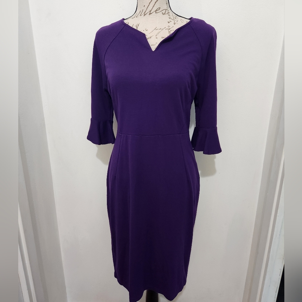 Woosunze Purple Midi Sheath Office Dress W Flounce Sleeves. Size Large. Fitted.
